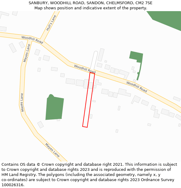SANBURY, WOODHILL ROAD, SANDON, CHELMSFORD, CM2 7SE: Location map and indicative extent of plot