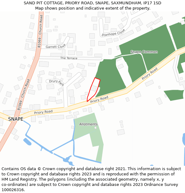 SAND PIT COTTAGE, PRIORY ROAD, SNAPE, SAXMUNDHAM, IP17 1SD: Location map and indicative extent of plot
