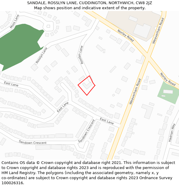 SANDALE, ROSSLYN LANE, CUDDINGTON, NORTHWICH, CW8 2JZ: Location map and indicative extent of plot