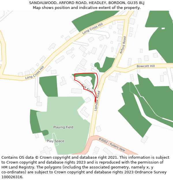 SANDALWOOD, ARFORD ROAD, HEADLEY, BORDON, GU35 8LJ: Location map and indicative extent of plot