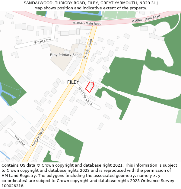 SANDALWOOD, THRIGBY ROAD, FILBY, GREAT YARMOUTH, NR29 3HJ: Location map and indicative extent of plot
