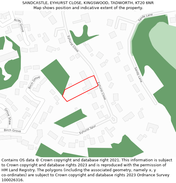 SANDCASTLE, EYHURST CLOSE, KINGSWOOD, TADWORTH, KT20 6NR: Location map and indicative extent of plot