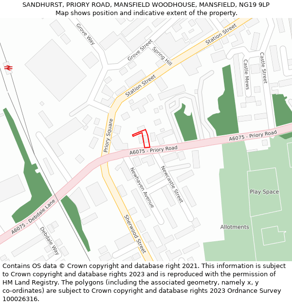 SANDHURST, PRIORY ROAD, MANSFIELD WOODHOUSE, MANSFIELD, NG19 9LP: Location map and indicative extent of plot