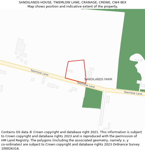 SANDILANDS HOUSE, TWEMLOW LANE, CRANAGE, CREWE, CW4 8EX: Location map and indicative extent of plot