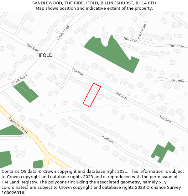 SANDLEWOOD, THE RIDE, IFOLD, BILLINGSHURST, RH14 0TH: Location map and indicative extent of plot