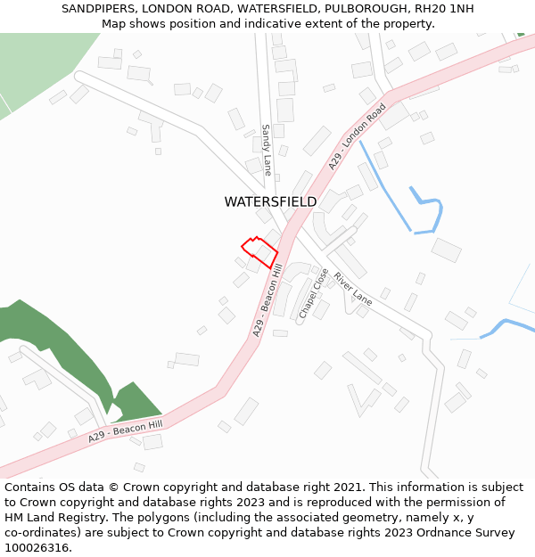 SANDPIPERS, LONDON ROAD, WATERSFIELD, PULBOROUGH, RH20 1NH: Location map and indicative extent of plot