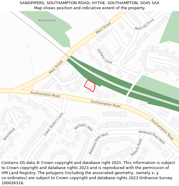 SANDPIPERS, SOUTHAMPTON ROAD, HYTHE, SOUTHAMPTON, SO45 5AA: Location map and indicative extent of plot