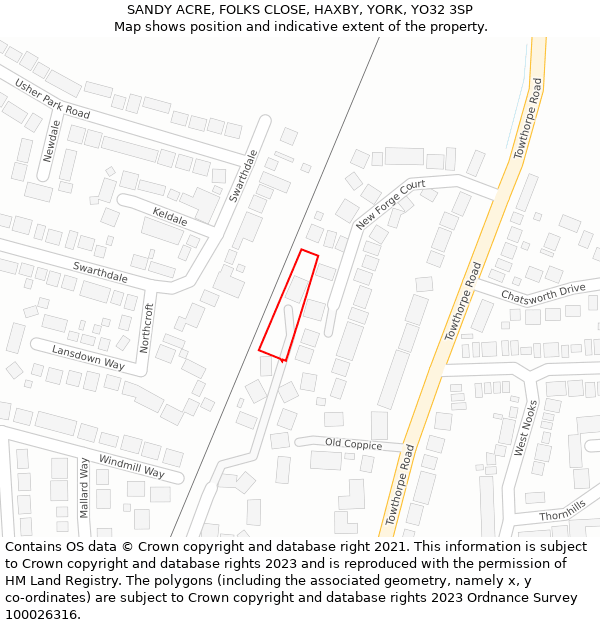 SANDY ACRE, FOLKS CLOSE, HAXBY, YORK, YO32 3SP: Location map and indicative extent of plot