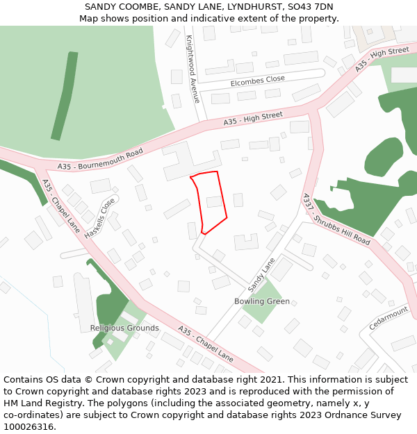 SANDY COOMBE, SANDY LANE, LYNDHURST, SO43 7DN: Location map and indicative extent of plot