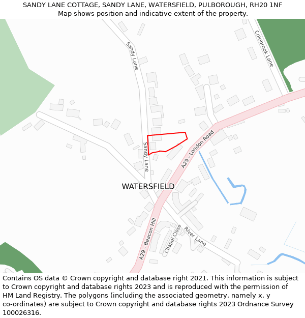 SANDY LANE COTTAGE, SANDY LANE, WATERSFIELD, PULBOROUGH, RH20 1NF: Location map and indicative extent of plot