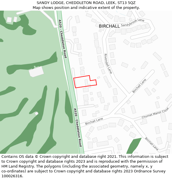 SANDY LODGE, CHEDDLETON ROAD, LEEK, ST13 5QZ: Location map and indicative extent of plot