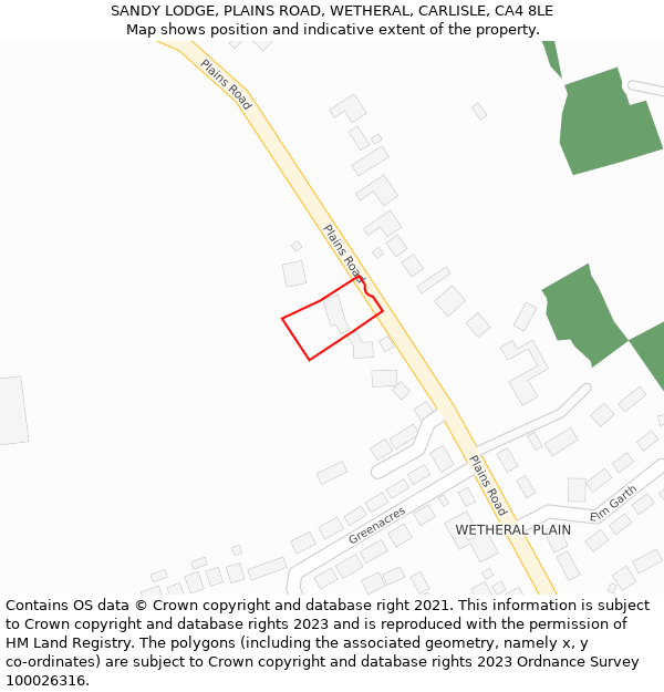 SANDY LODGE, PLAINS ROAD, WETHERAL, CARLISLE, CA4 8LE: Location map and indicative extent of plot