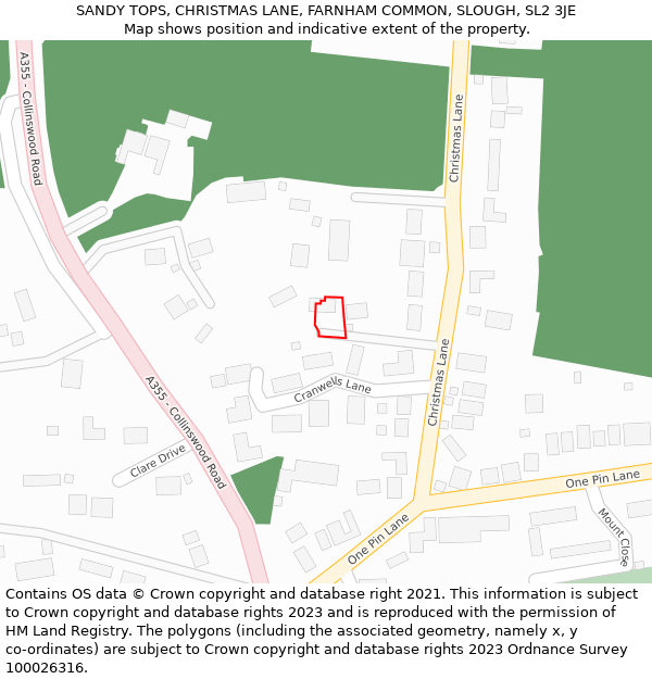 SANDY TOPS, CHRISTMAS LANE, FARNHAM COMMON, SLOUGH, SL2 3JE: Location map and indicative extent of plot