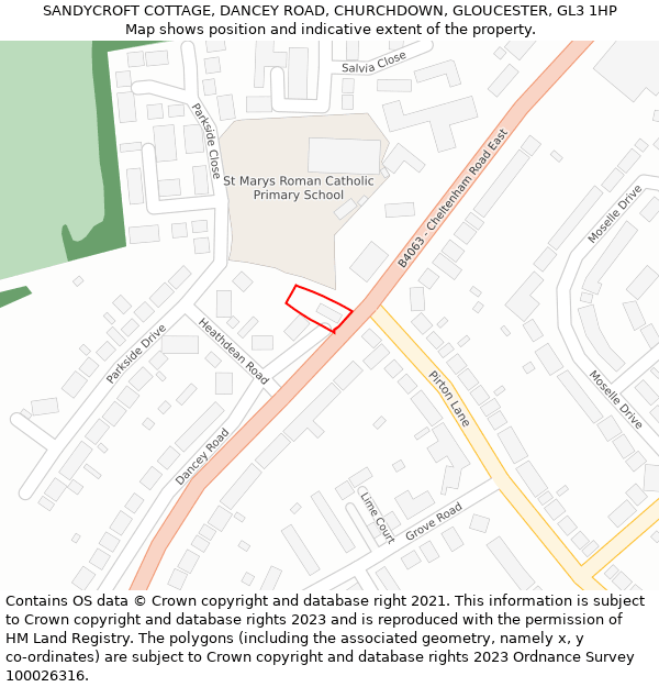 SANDYCROFT COTTAGE, DANCEY ROAD, CHURCHDOWN, GLOUCESTER, GL3 1HP: Location map and indicative extent of plot