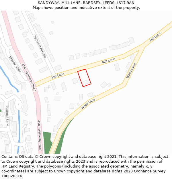 SANDYWAY, MILL LANE, BARDSEY, LEEDS, LS17 9AN: Location map and indicative extent of plot