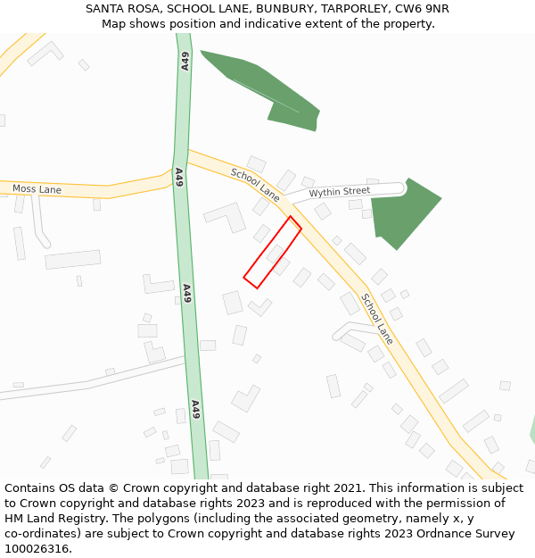 SANTA ROSA, SCHOOL LANE, BUNBURY, TARPORLEY, CW6 9NR: Location map and indicative extent of plot