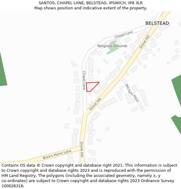 SANTOS, CHAPEL LANE, BELSTEAD, IPSWICH, IP8 3LR: Location map and indicative extent of plot