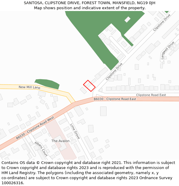 SANTOSA, CLIPSTONE DRIVE, FOREST TOWN, MANSFIELD, NG19 0JH: Location map and indicative extent of plot