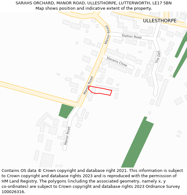 SARAHS ORCHARD, MANOR ROAD, ULLESTHORPE, LUTTERWORTH, LE17 5BN: Location map and indicative extent of plot