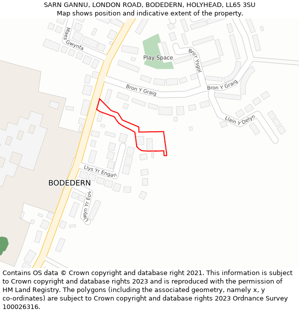 SARN GANNU, LONDON ROAD, BODEDERN, HOLYHEAD, LL65 3SU: Location map and indicative extent of plot