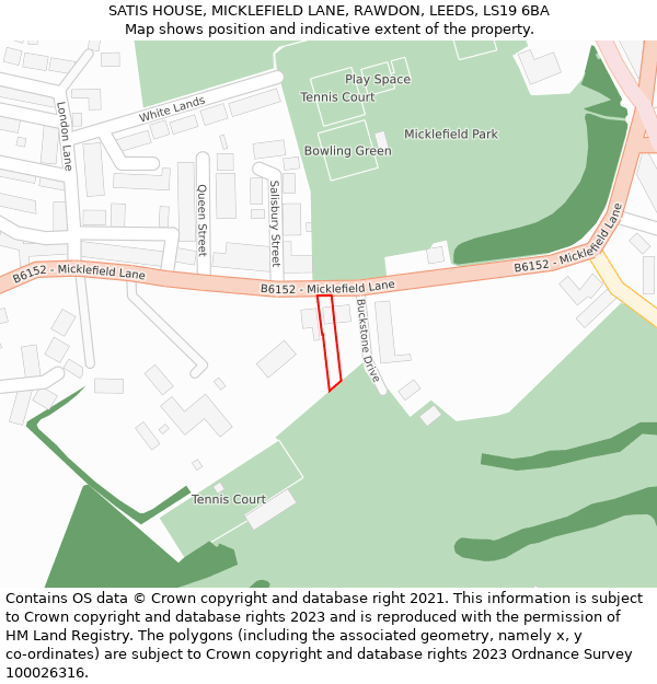 SATIS HOUSE, MICKLEFIELD LANE, RAWDON, LEEDS, LS19 6BA: Location map and indicative extent of plot