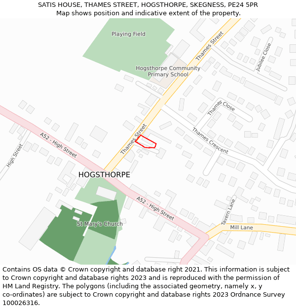 SATIS HOUSE, THAMES STREET, HOGSTHORPE, SKEGNESS, PE24 5PR: Location map and indicative extent of plot
