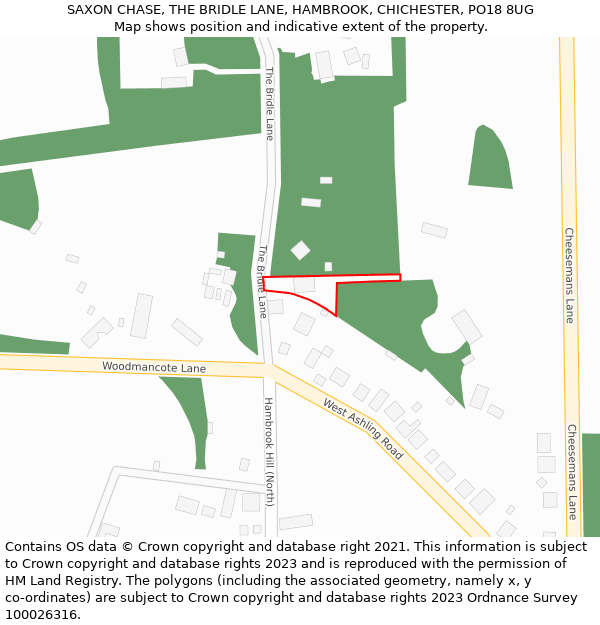 SAXON CHASE, THE BRIDLE LANE, HAMBROOK, CHICHESTER, PO18 8UG: Location map and indicative extent of plot