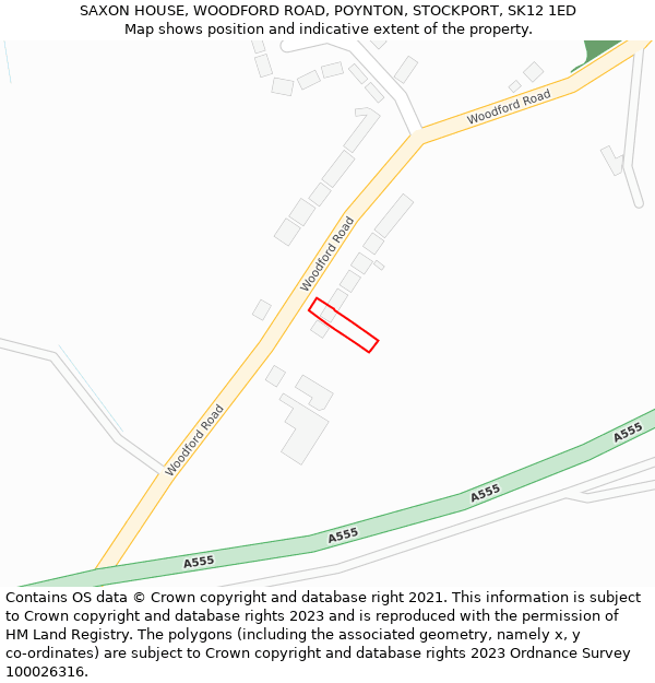 SAXON HOUSE, WOODFORD ROAD, POYNTON, STOCKPORT, SK12 1ED: Location map and indicative extent of plot