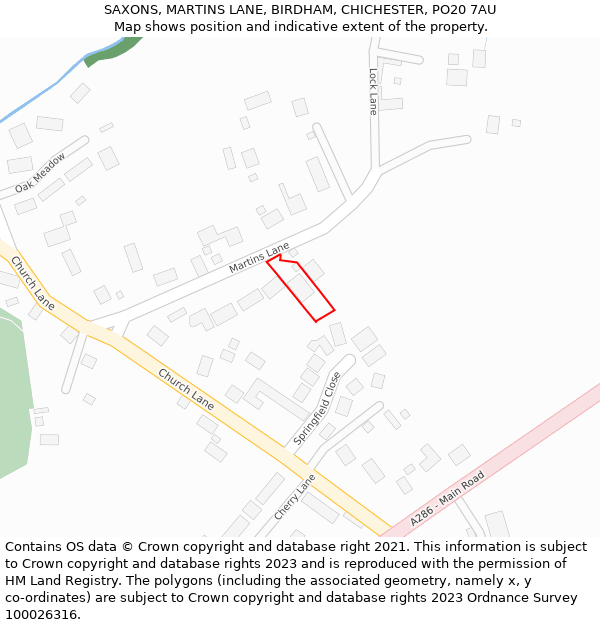 SAXONS, MARTINS LANE, BIRDHAM, CHICHESTER, PO20 7AU: Location map and indicative extent of plot