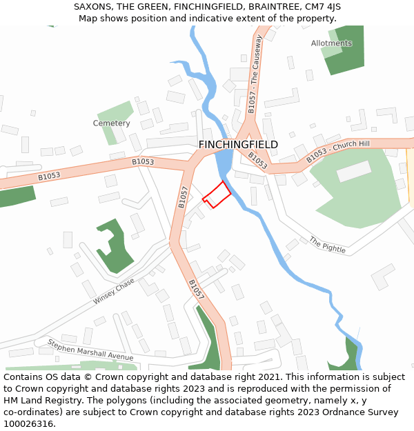 SAXONS, THE GREEN, FINCHINGFIELD, BRAINTREE, CM7 4JS: Location map and indicative extent of plot