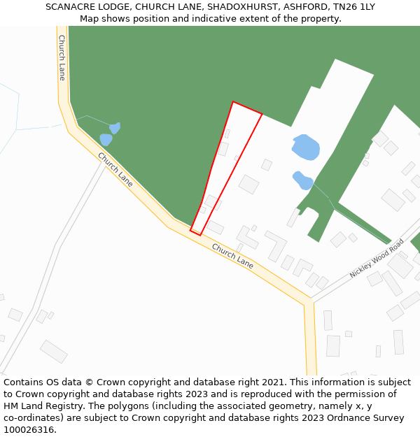 SCANACRE LODGE, CHURCH LANE, SHADOXHURST, ASHFORD, TN26 1LY: Location map and indicative extent of plot