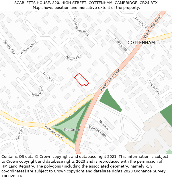 SCARLETTS HOUSE, 320, HIGH STREET, COTTENHAM, CAMBRIDGE, CB24 8TX: Location map and indicative extent of plot