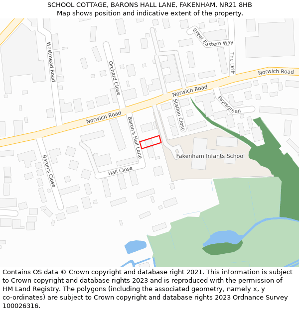 SCHOOL COTTAGE, BARONS HALL LANE, FAKENHAM, NR21 8HB: Location map and indicative extent of plot