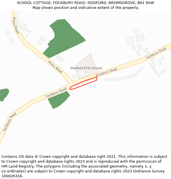 SCHOOL COTTAGE, FOCKBURY ROAD, DODFORD, BROMSGROVE, B61 9AW: Location map and indicative extent of plot