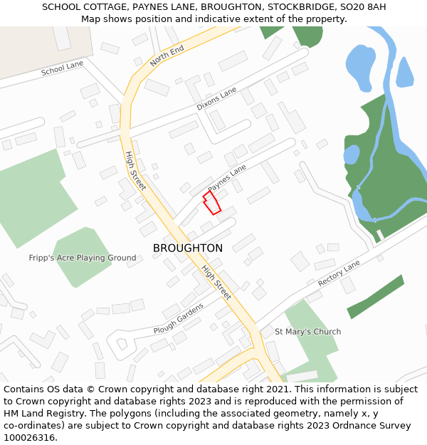 SCHOOL COTTAGE, PAYNES LANE, BROUGHTON, STOCKBRIDGE, SO20 8AH: Location map and indicative extent of plot