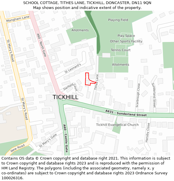 SCHOOL COTTAGE, TITHES LANE, TICKHILL, DONCASTER, DN11 9QN: Location map and indicative extent of plot