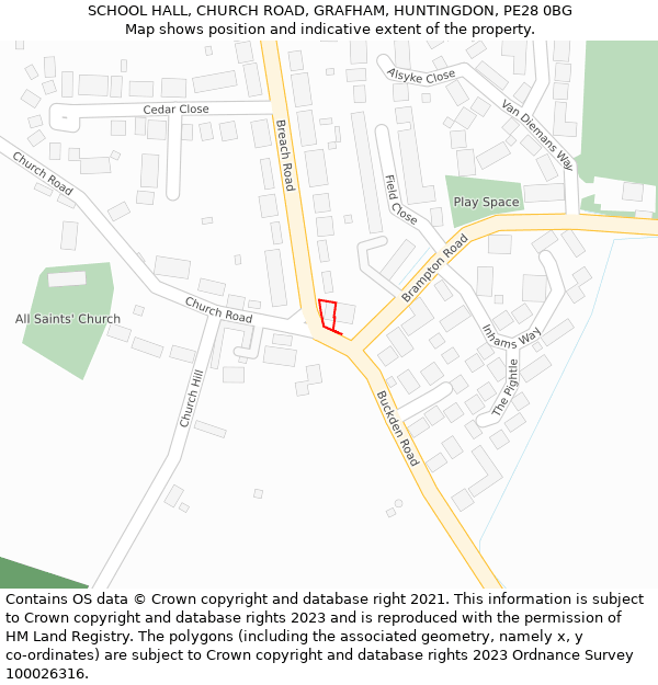 SCHOOL HALL, CHURCH ROAD, GRAFHAM, HUNTINGDON, PE28 0BG: Location map and indicative extent of plot