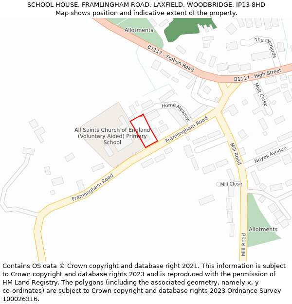 SCHOOL HOUSE, FRAMLINGHAM ROAD, LAXFIELD, WOODBRIDGE, IP13 8HD: Location map and indicative extent of plot