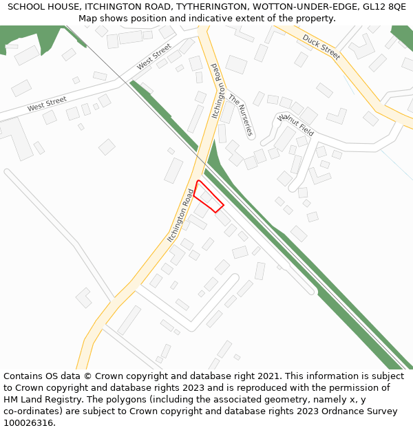 SCHOOL HOUSE, ITCHINGTON ROAD, TYTHERINGTON, WOTTON-UNDER-EDGE, GL12 8QE: Location map and indicative extent of plot