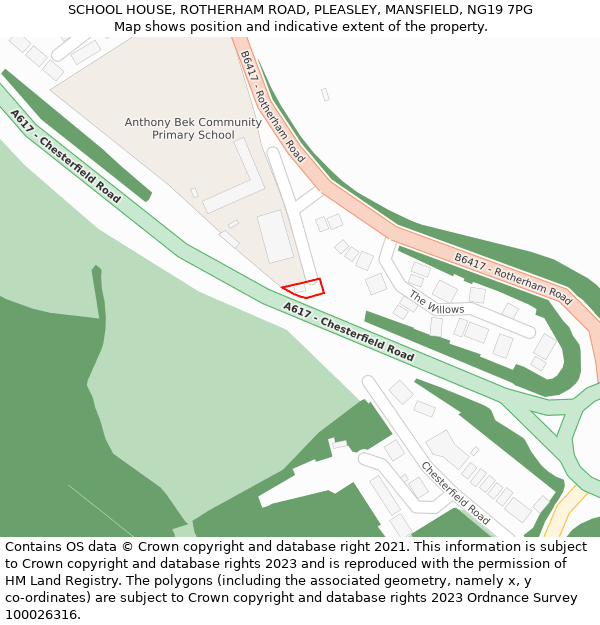 SCHOOL HOUSE, ROTHERHAM ROAD, PLEASLEY, MANSFIELD, NG19 7PG: Location map and indicative extent of plot