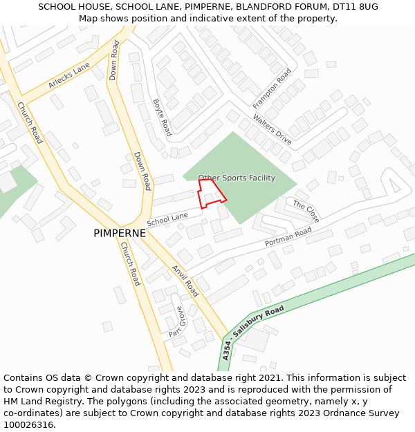 SCHOOL HOUSE, SCHOOL LANE, PIMPERNE, BLANDFORD FORUM, DT11 8UG: Location map and indicative extent of plot