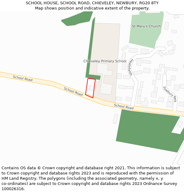 SCHOOL HOUSE, SCHOOL ROAD, CHIEVELEY, NEWBURY, RG20 8TY: Location map and indicative extent of plot