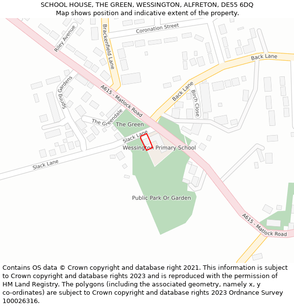 SCHOOL HOUSE, THE GREEN, WESSINGTON, ALFRETON, DE55 6DQ: Location map and indicative extent of plot