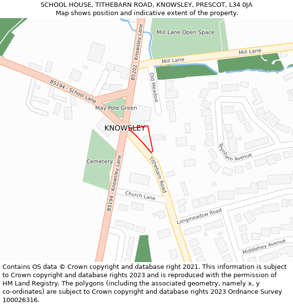 SCHOOL HOUSE, TITHEBARN ROAD, KNOWSLEY, PRESCOT, L34 0JA: Location map and indicative extent of plot