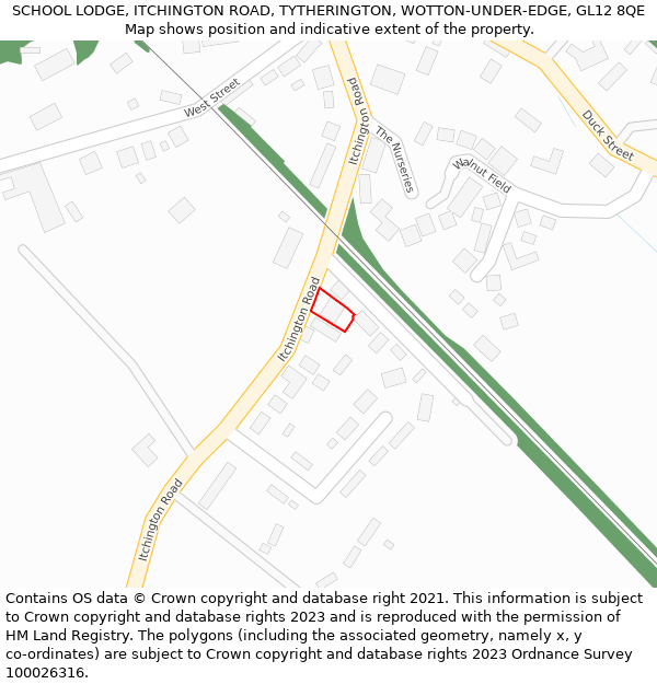 SCHOOL LODGE, ITCHINGTON ROAD, TYTHERINGTON, WOTTON-UNDER-EDGE, GL12 8QE: Location map and indicative extent of plot