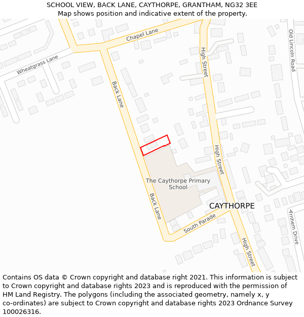 SCHOOL VIEW, BACK LANE, CAYTHORPE, GRANTHAM, NG32 3EE: Location map and indicative extent of plot