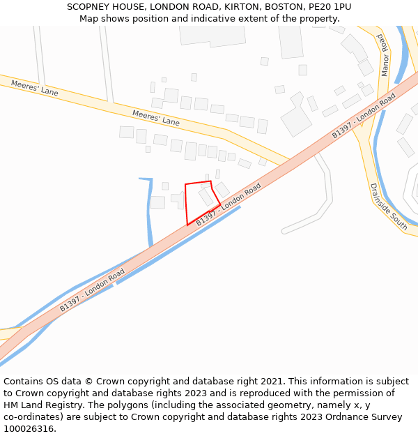 SCOPNEY HOUSE, LONDON ROAD, KIRTON, BOSTON, PE20 1PU: Location map and indicative extent of plot