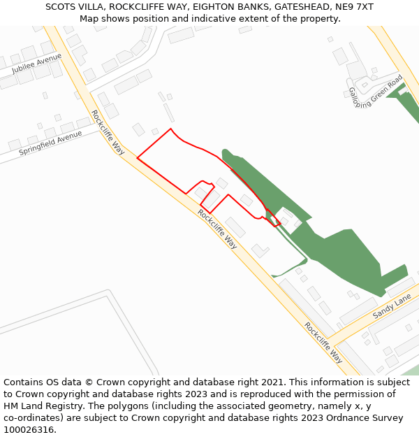 SCOTS VILLA, ROCKCLIFFE WAY, EIGHTON BANKS, GATESHEAD, NE9 7XT: Location map and indicative extent of plot