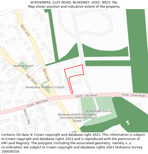 SCRIVENERS, CLEY ROAD, BLAKENEY, HOLT, NR25 7NL: Location map and indicative extent of plot