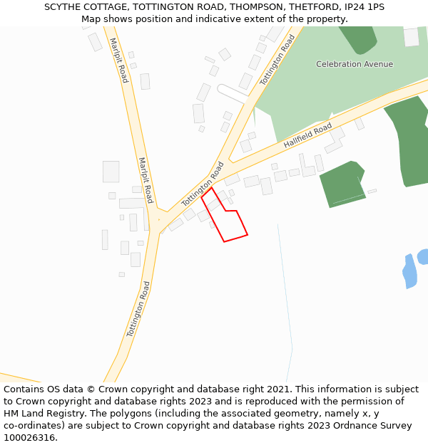 SCYTHE COTTAGE, TOTTINGTON ROAD, THOMPSON, THETFORD, IP24 1PS: Location map and indicative extent of plot